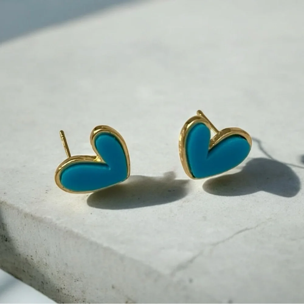 18K Gold Plated Blue Heart Stud Earrings